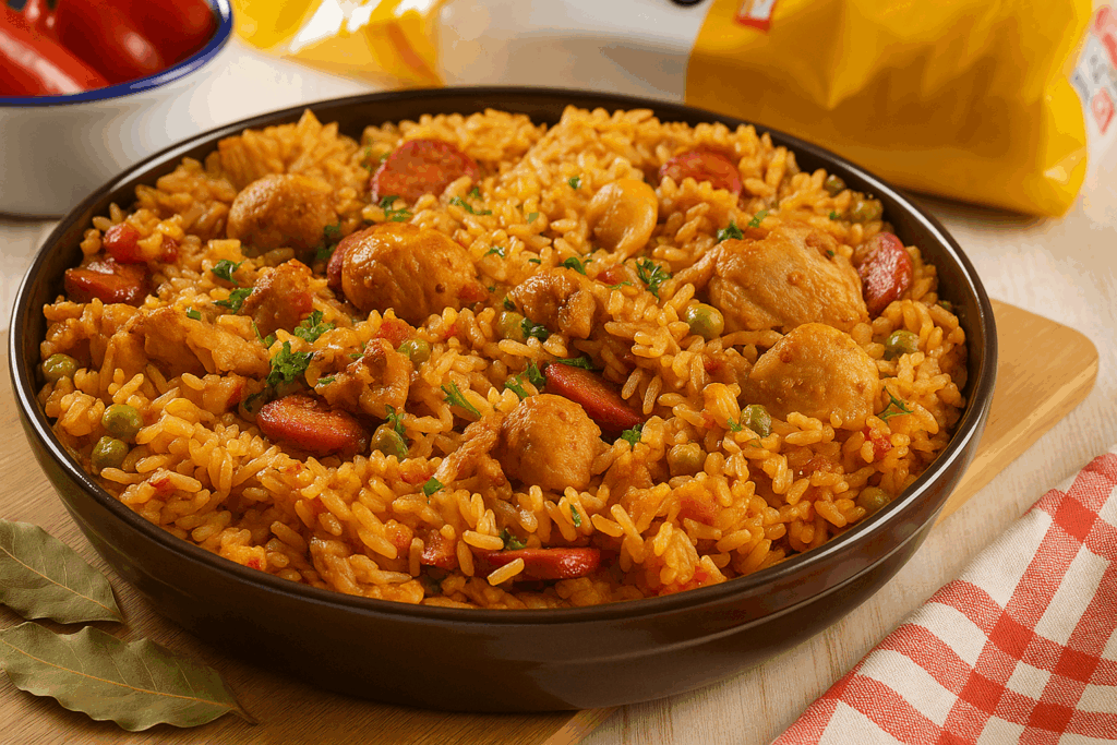 Fotografia de uma galinhada goiana tradicional servida em panela, com pedaços de frango dourados, arroz amarelinho e cheiro-verde fresco.