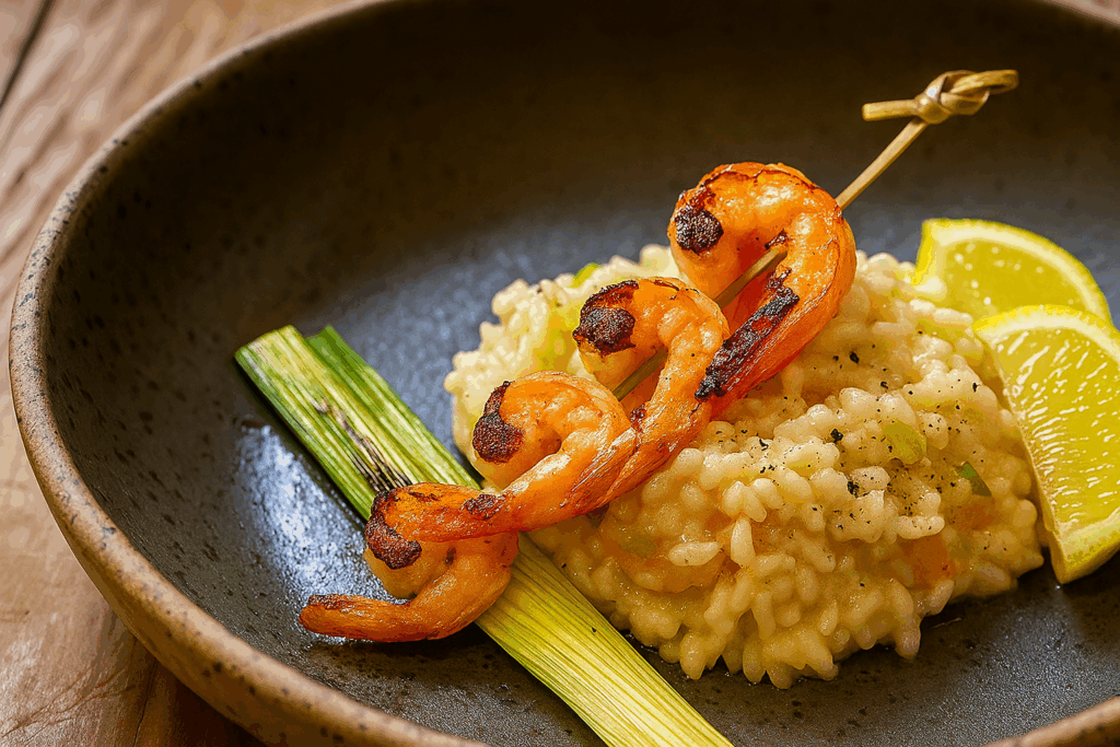 Risoto de camarão com toque de limão siciliano servido com camarões grelhados e fatias finas de limão, ressaltando o toque cítrico e elegante da receita.