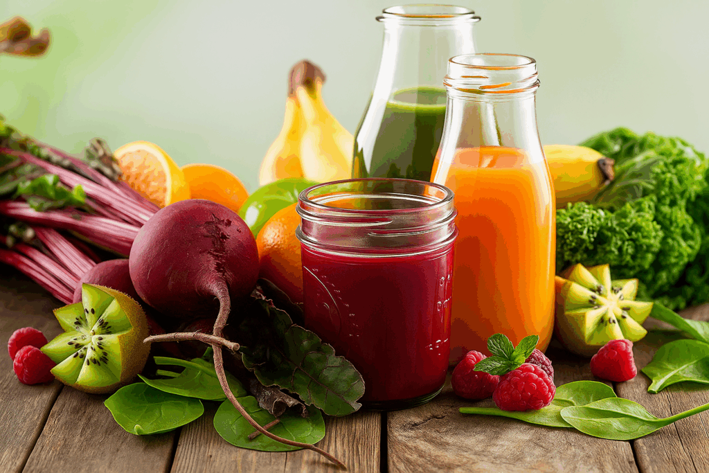 Copo de suco detox com folhas frescas ao redor, representando uma receita natural para desinchar e limpar o organismo.