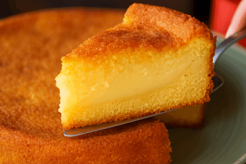 Bolo de fubá cremoso da Roça, com crosta dourada e recheio macio, servido em prato.