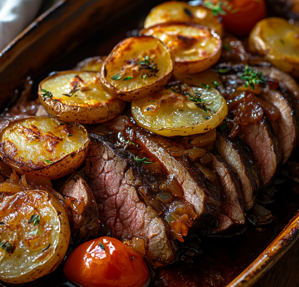 carne assada com batatas servida em travessa fumegante com batatas douradas