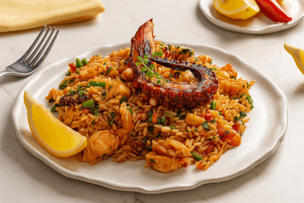 Arroz de Polvo para Impressionar na Refeição de Domingo- Arroz de polvo servido em travessa de barro com tentáculos macios, arroz úmido e ervas frescas — ideal para impressionar no almoço de domingo.