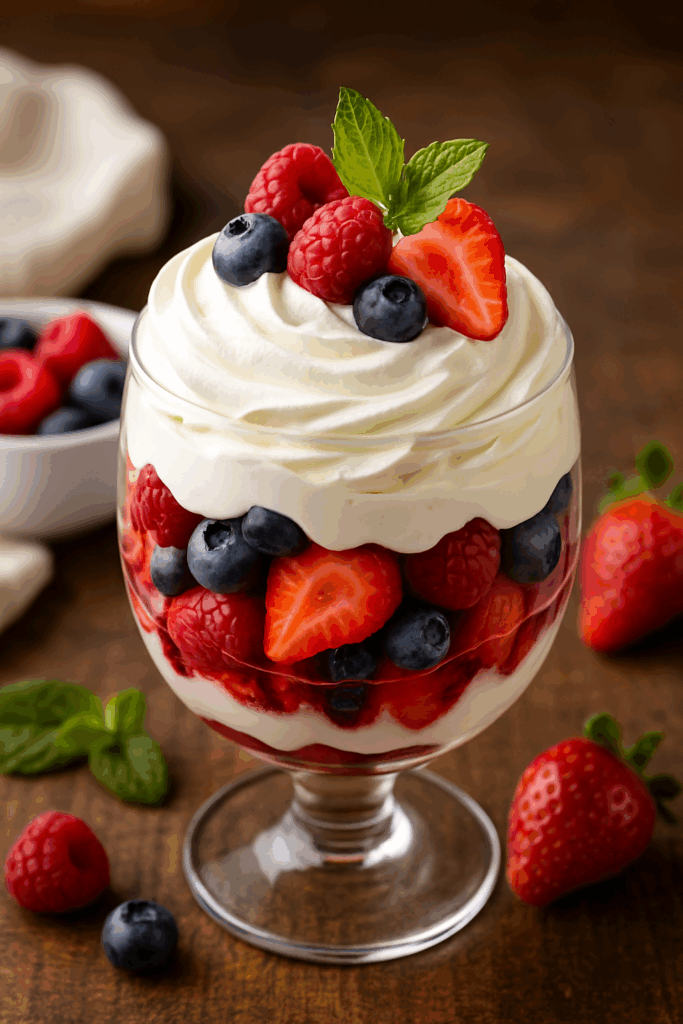 Taça de sobremesa surpresa de frutas vermelhas e chantilly caseiro com camada de frutas frescas, decorada com hortelã.