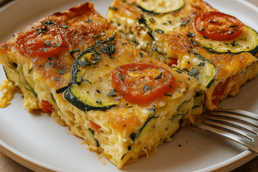 Fatia de omelete recheado assado no forno com legumes frescos e queijo, servida em prato branco.