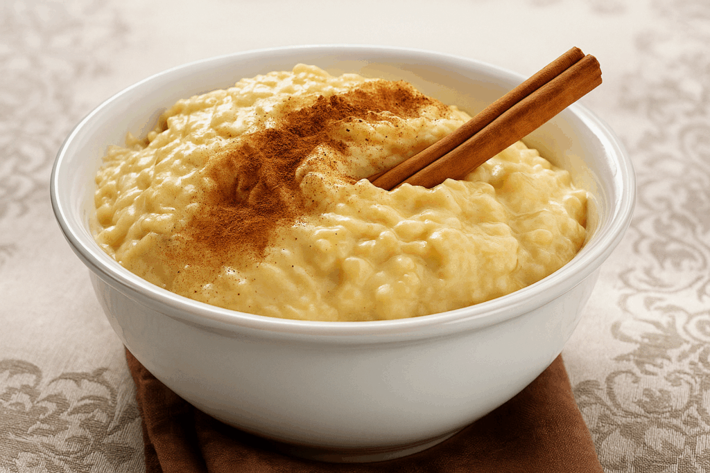 Arroz doce cremoso servido em pote branco com canela por cima, receita caseira tradicional com leite condensado.