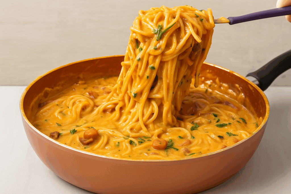 Prato de macarrão cremoso servido em um prato branco, com molho e queijo derretido, ideal para refeições rápidas em dias corridos.
