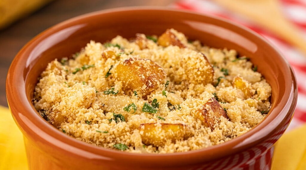 Farofa de banana crocante servida em tigela com pedaços douradas de banana e cheiro-verde por cima.