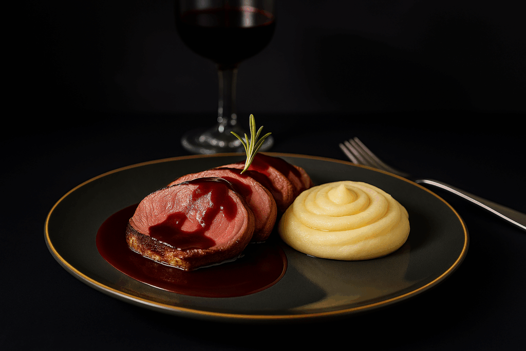 Prato de medalhão ao molho de vinho com purê de batata trufado servido com apresentação elegante.