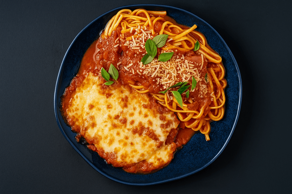 O melhor Filé à parmegiana caseiro servido com arroz branco e molho de tomate, coberto com queijo derretido e gratinado em prato azul.