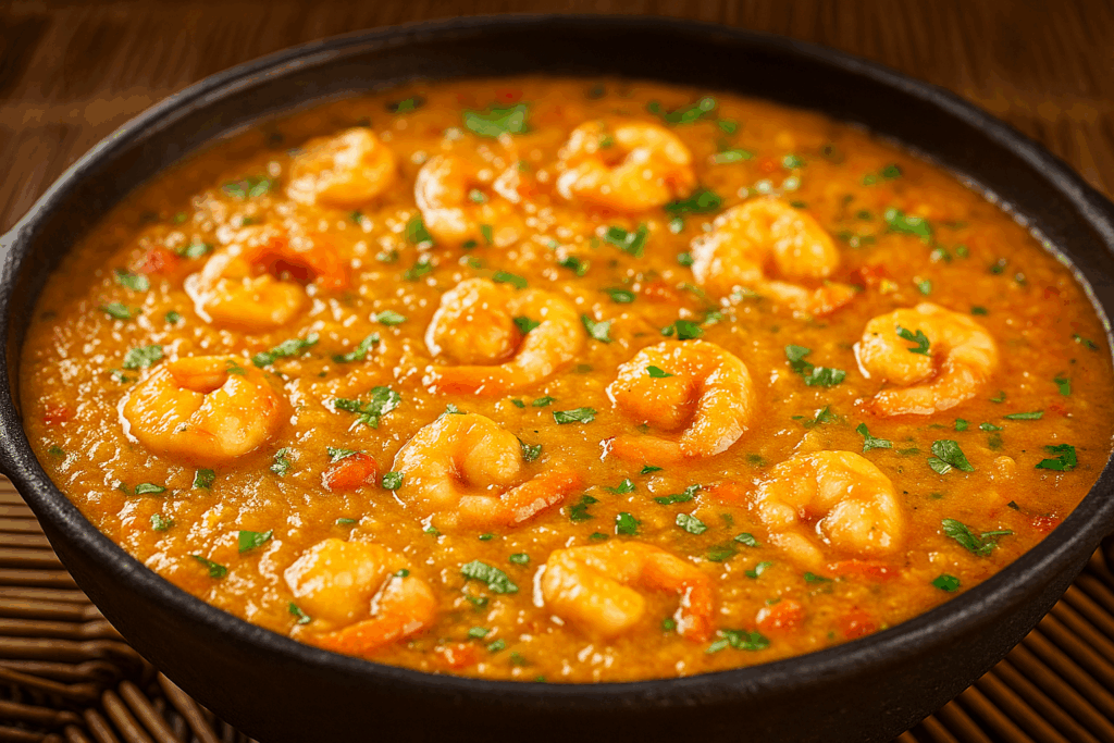 Prato de pirão de aipim com Camarão cremoso com camarões ao molho, servido com ervas frescas e arroz branco, em estilo nordestino.
