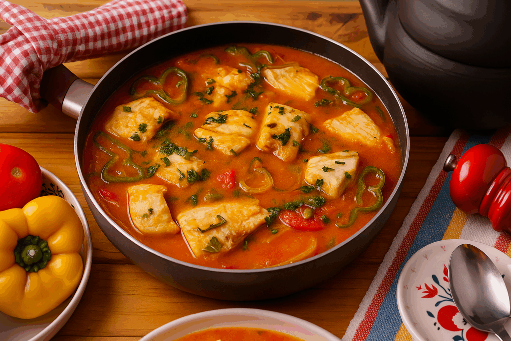 Peixada Cearense com Leite de Coco: Prato tradicional de Peixada Cearense servido com legumes e leite de coco, ideal para ocasiões especiais.