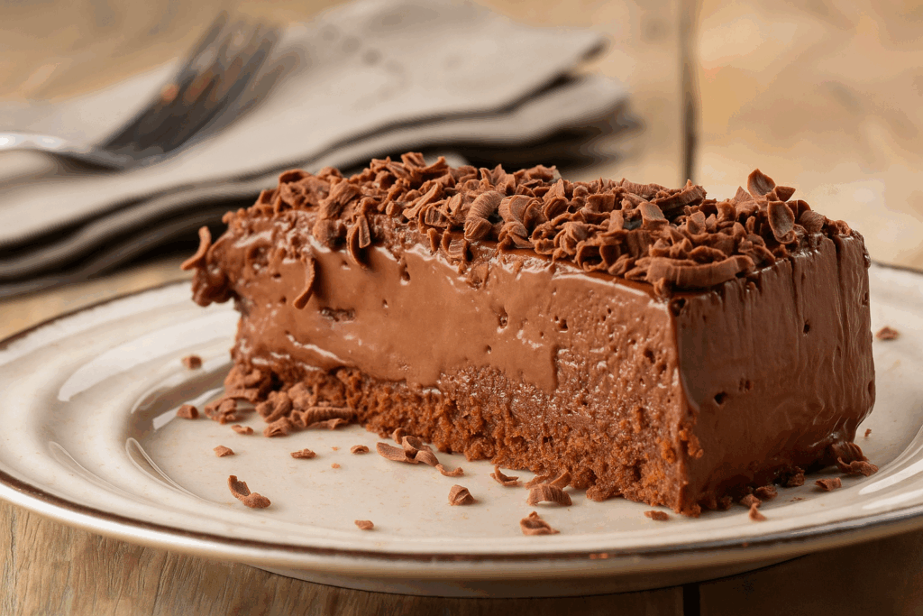 Torta mousse de chocolate para impressionar. Decorada com raspas, perfeita para aniversários.