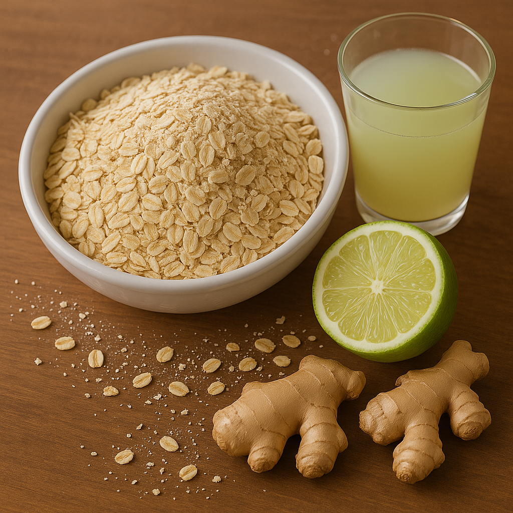 Suco de limão com gengibre e aveia em um copo sobre a mesa, ao lado de uma tigela com farinha de aveia para melhorar colesterol.